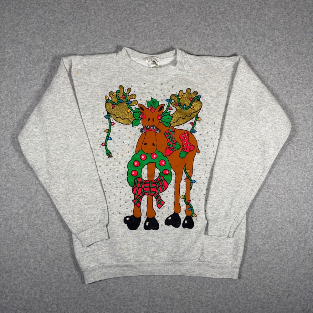 Peanuts Sweatshirt Men Medium? Gray Christmas Moose Graphic Ugly Sweater Vintage